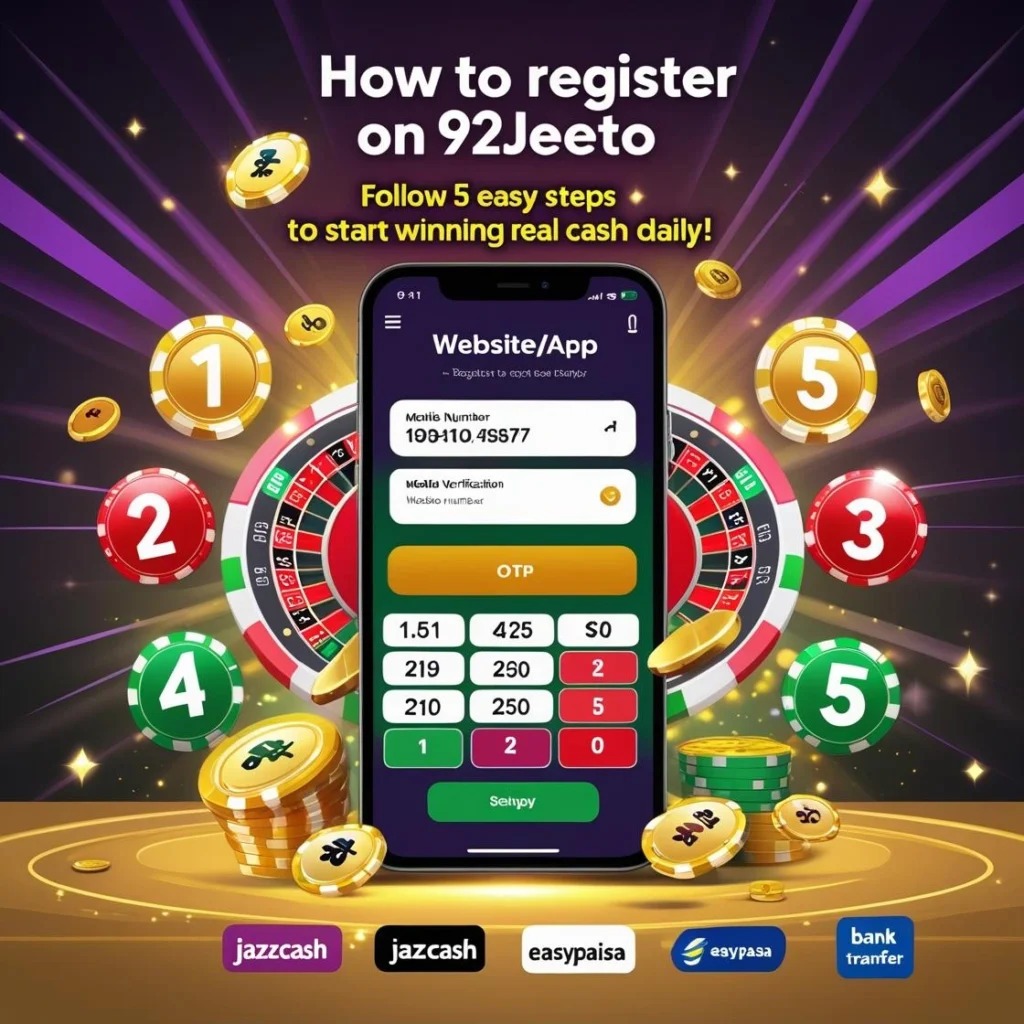 Design an engaging hero banner for the How to Register on 92Jeeto section. Main title text ‘How to Register on 92Jeeto. Subheading ‘Follow 5 easy steps to start winning real cash daily. C